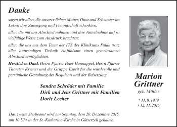Traueranzeige von Marion Grittner 