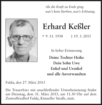 Traueranzeige von Erhard Keßler 