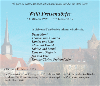 Traueranzeige von Willi Preisendörfer 