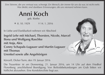 Traueranzeige von Anni Koch 