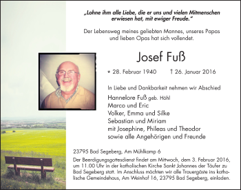 Traueranzeige von Josef Fuß 