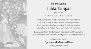 Traueranzeige von Hilda Kimpel 