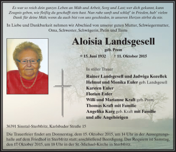 Traueranzeige von Aloisia Landsgesell 