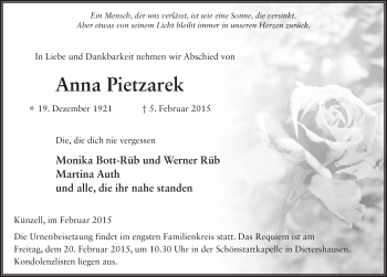 Traueranzeige von Anna Pietzarek 