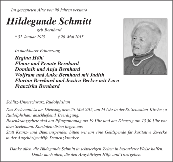Traueranzeige von Hildegunde Schmitt 