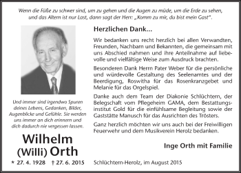 Traueranzeige von Wilhelm Orth 