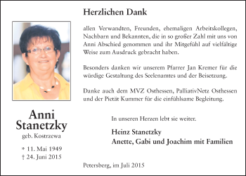 Traueranzeige von Anni Stanetzky 