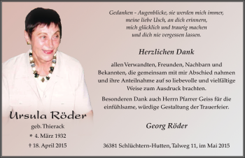 Traueranzeige von Ursula Röder 