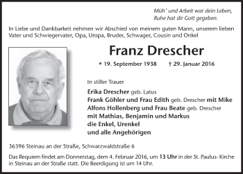 Traueranzeige von Franz Drescher 