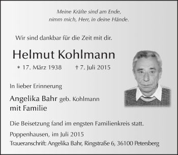 Traueranzeige von Helmut Kohlmann 
