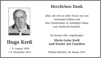 Traueranzeige von Hugo Kreß 