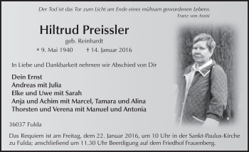 Traueranzeige von Hiltrud Preissler 