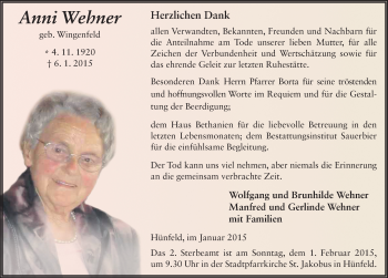 Traueranzeige von Anni Wehner 