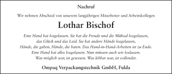 Traueranzeige von Lothar Bischof 