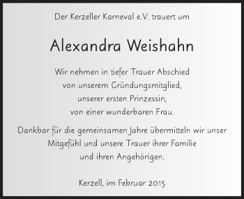 Traueranzeige von Alexandra Annemarie Weishahn 