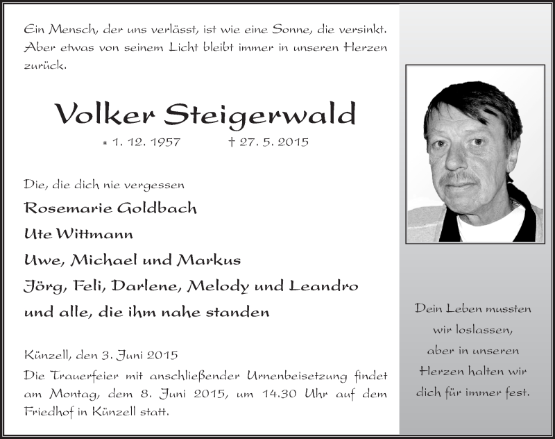  Traueranzeige für Volker Steigerwald vom 03.06.2015 aus 