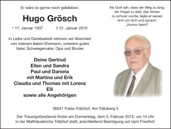 Traueranzeige von Hugo Grösch 