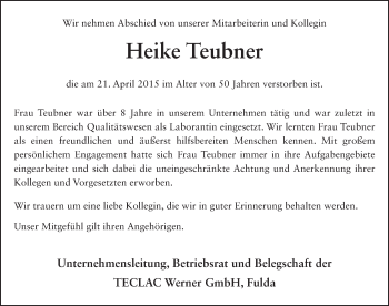 Traueranzeige von Heike Teubner 