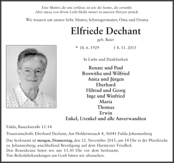 Traueranzeige von Elfriede Dechant 