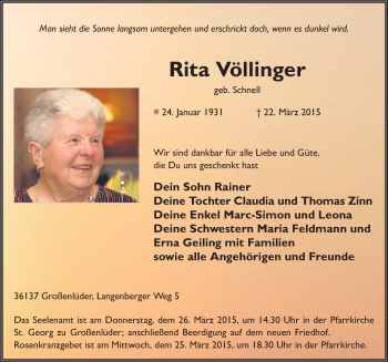Traueranzeige von Rita Völlinger 