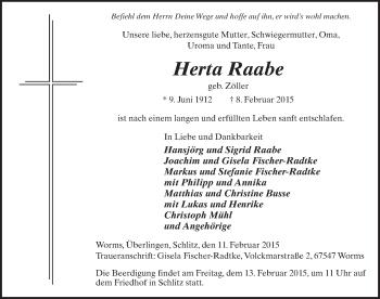 Traueranzeige von Herta Raabe 