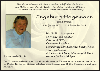 Traueranzeige von Ingeburg Hagemann 