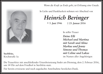 Traueranzeige von Heinrich Beringer 