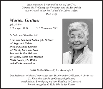 Traueranzeige von Marion Grittner 