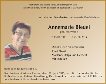Traueranzeige von Annemarie Bleuel 