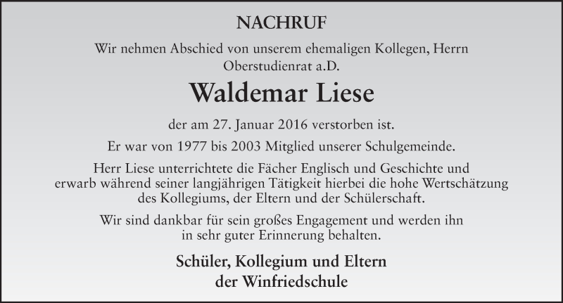  Traueranzeige für Waldemar Liese vom 01.02.2016 aus 