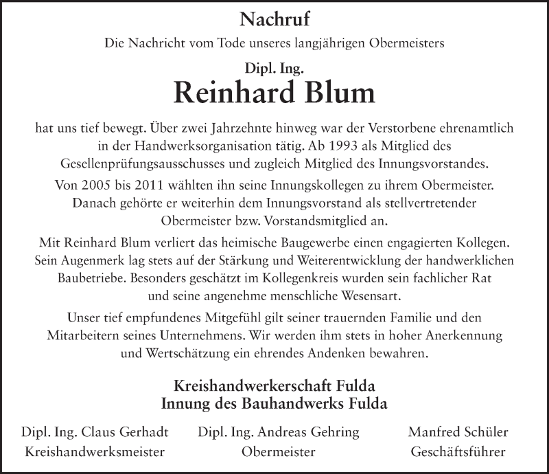  Traueranzeige für Reinhard Blum vom 02.12.2015 aus 