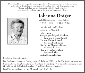 Traueranzeige von Johanna Dräger 