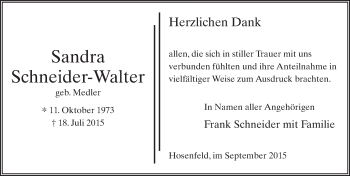 Traueranzeige von Sandra Schneider-Walter 