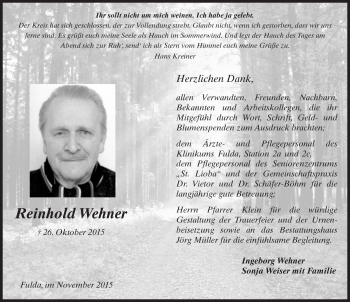 Traueranzeige von Reinhold Wehner 