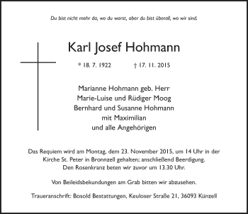Traueranzeige von Karl Josef Hohmann 