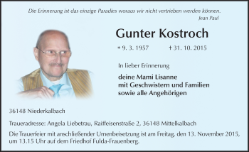 Traueranzeige von Gunter Kostroch 