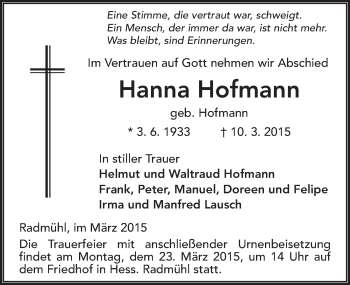 Traueranzeige von Hanna Hofmann 