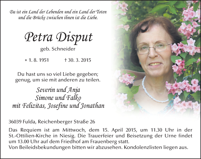  Traueranzeige für Petra Disput vom 04.04.2015 aus 