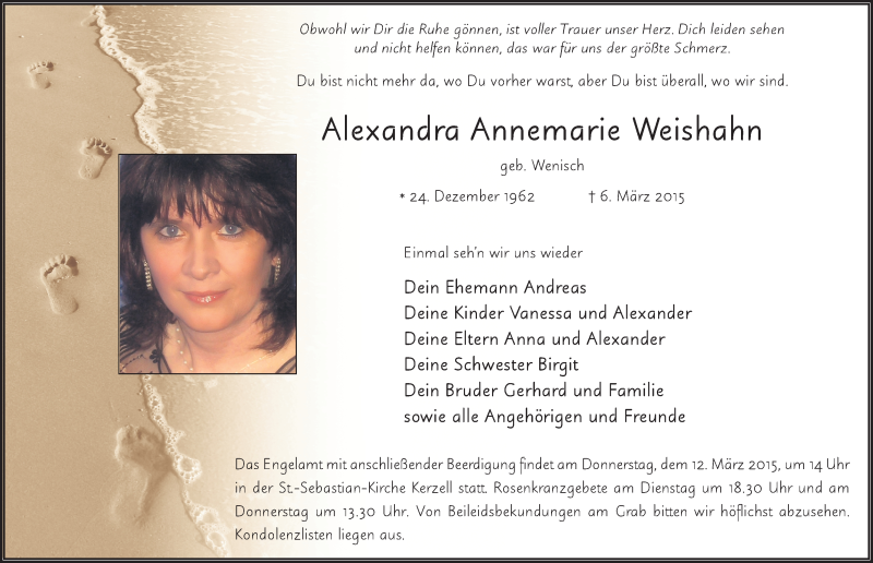  Traueranzeige für Alexandra Annemarie Weishahn vom 10.03.2015 aus 