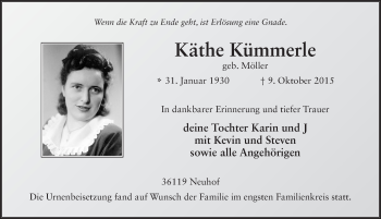 Traueranzeige von Käthe Kümmerle 