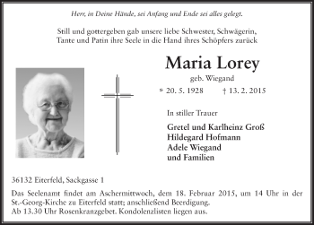 Traueranzeige von Maria Lorey 