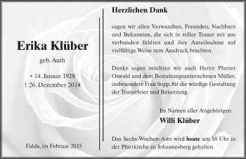 Traueranzeige von Erika Klüber 