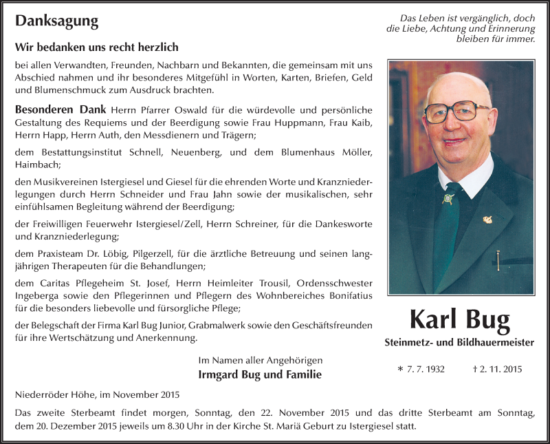  Traueranzeige für Karl Bug vom 21.11.2015 aus 