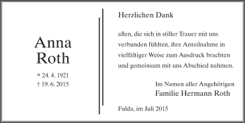 Traueranzeige von Anna Roth 