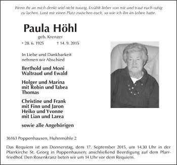 Traueranzeige von Paula Höhl 