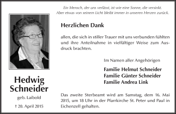 Traueranzeige von Hedwig Schneider 