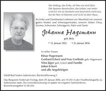 Traueranzeige von Johanna Hagemann 