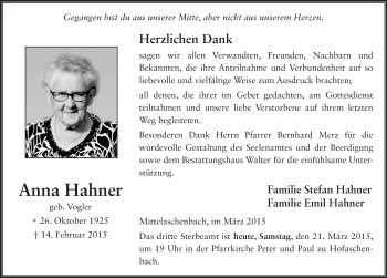 Traueranzeige von Anna Hahner 