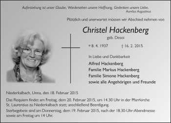 Traueranzeige von Christel Hackenberg 