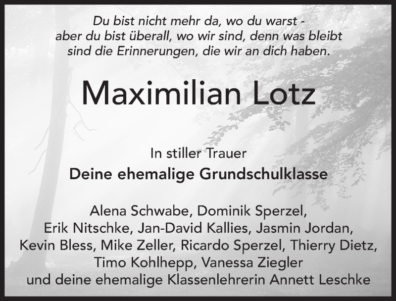  Traueranzeige für Maximilian Lotz vom 04.07.2015 aus 
